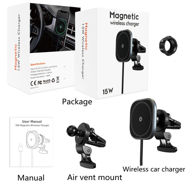 Universal 15W Stronghold Magnetic Wireless Fast Charging Air Vent Car Mount Compatible with MagSafe Case s and Case less Apple iPhones Series 14 / 13 / 12 - Black