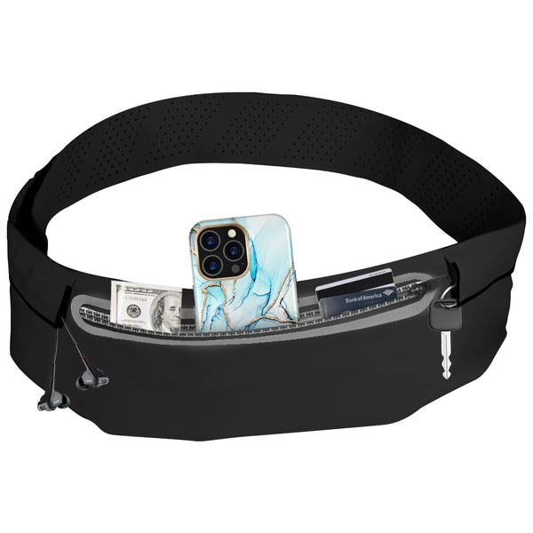 Liquid Skin Super Slim Atheletic Fabric Running Belt with Large Phone Pocket & Keys / Headset Holder Waist Pack for Hiking Running Fitness Glow In Dark - Black