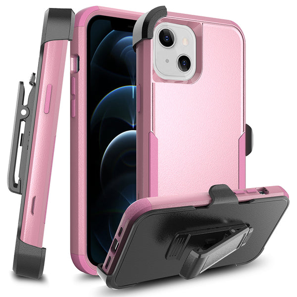 Apple iPhone 13 Case Rugged Drop-proof Heavy Duty TPU with Extra Impact Absorption Corner Protection & Rotatable Holster Clip - Pink / Pink