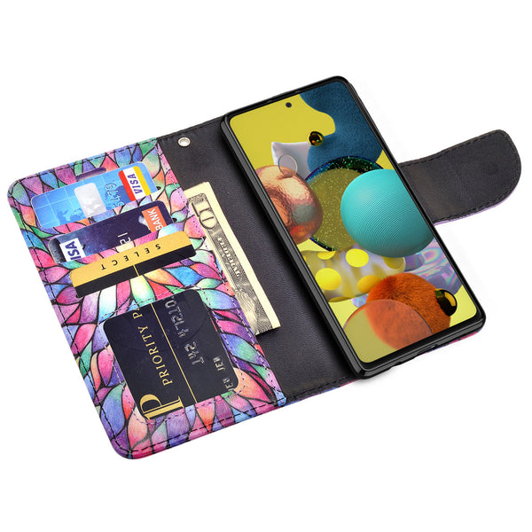 Case for Samsung Galaxy A14 5G Wallet Wrist Strap Pu Leather Wallet Kickstand with Id & Credit Card Slots - Rainbow Flower