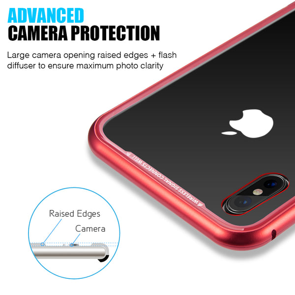 Case for Apple iPhone XS Max Aluminum Magnetic Instant Snap with Tempered Glass Back Plate - Red