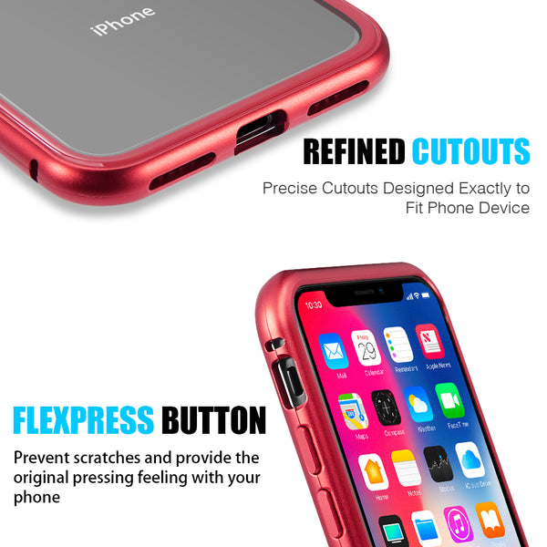 Case for Apple iPhone XS Max Aluminum Magnetic Instant Snap with Tempered Glass Back Plate - Red