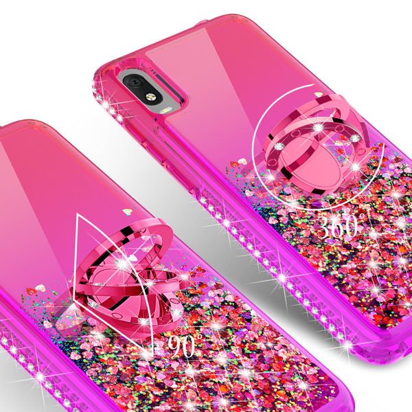 Case for Alcatel Jitterbug Smart3 / Lively Smart withTemper Glass Glitter Phone Kickstand Compatible Case for Alcatel Jitterbug Smart3 Lively Smart Ring Stand Liquid Floating Quicksand Bling Sparkle Protective Girls Women - (Hot Pink / Purple Gradient)