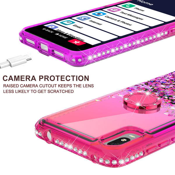 Case for Alcatel Jitterbug Smart3 / Lively Smart withTemper Glass Glitter Phone Kickstand Compatible Case for Alcatel Jitterbug Smart3 Lively Smart Ring Stand Liquid Floating Quicksand Bling Sparkle Protective Girls Women - (Hot Pink / Purple Gradient)