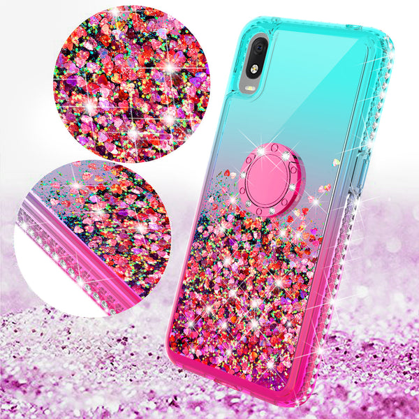Case for Alcatel Jitterbug Smart3 / Lively Smart withTemper Glass Glitter Phone Kickstand Compatible Case for Alcatel Jitterbug Smart3 Lively Smart Ring Stand Liquid Floating Quicksand Bling Sparkle Protective Girls Women - (Teal / Pink Gradient)