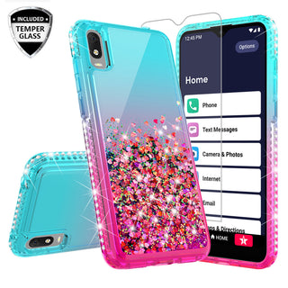 Case for Alcatel Jitterbug Smart3 / Lively Smart Liquid Glitter Phone Waterfall Floating Quicksand Bling Sparkle Cute Protective Girls Women Cover Case for Alcatel Jitterbug Smart3 / Lively Smart withTemper Glass - (Teal / Pink Gradient)