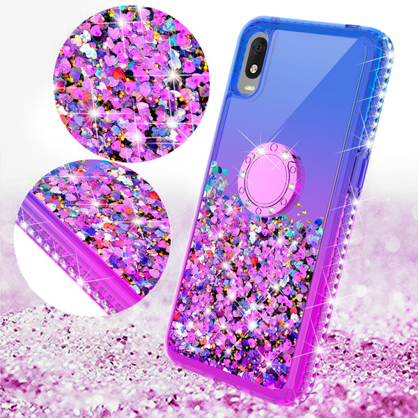 Case for Alcatel Jitterbug Smart3 / Lively Smart withTemper Glass Glitter Phone Kickstand Compatible Case for Alcatel Jitterbug Smart3 Lively Smart Ring Stand Liquid Floating Quicksand Bling Sparkle Protective Girls Women - (Blue / Purple Gradient)