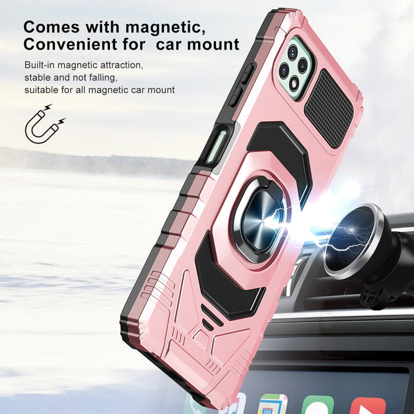 Case for Boost Celero 5G Plus with Tempered Glass Screen Protector Hybrid Ring Shockproof Hard Phone Cover - Rose Gold