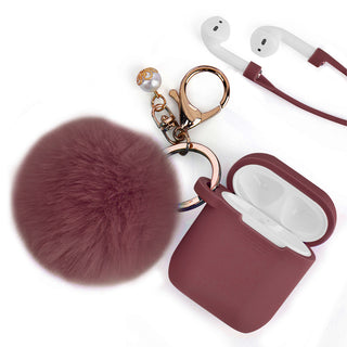 Apple Airpods Case Rugged Drop-proof Thick Silicone TPU with Furball Ornament Key Chain & Strap - Burgundy