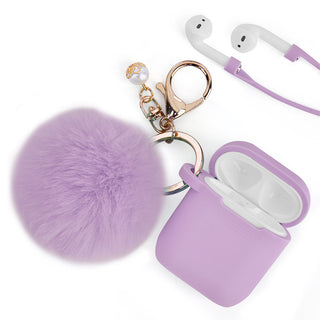 Apple Airpods Case Rugged Drop-proof Thick Silicone TPU with Furball Ornament Key Chain & Strap - Lavender