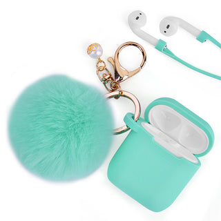 Apple Airpods Case Rugged Drop-proof Thick Silicone TPU with Furball Ornament Key Chain & Strap - Mint