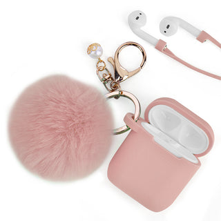 Apple Airpods Case Rugged Drop-proof Thick Silicone TPU with Furball Ornament Key Chain & Strap - Peach Pink