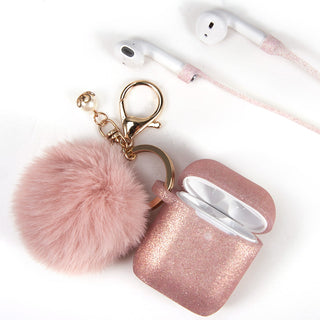 Apple Airpods Case Rugged Drop-proof Thick Silicone TPU with Furball Ornament Key Chain & Strap - Rose Gold Glitter