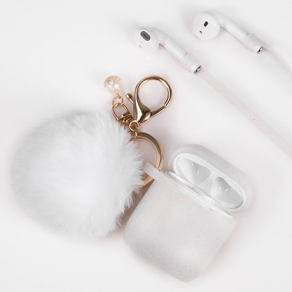 Apple Airpods Case Rugged Drop-proof Thick Silicone TPU with Furball Ornament Key Chain & Strap - Ivory White Glitter
