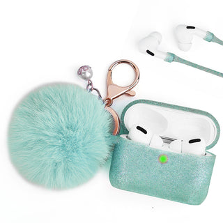 Apple Airpods Pro Case Rugged Drop-proof Thick Silicone TPU with Furball Ornament Key Chain & Strap - Glittery Mint Green