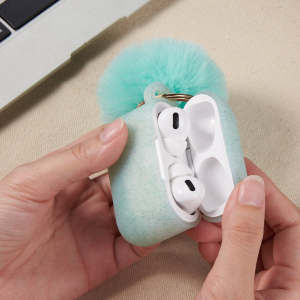 Apple Airpods Pro Case Rugged Drop-Proof Thick Silicone TPU with Furball Ornament Key Chain & Strap - Glittery Mint Green