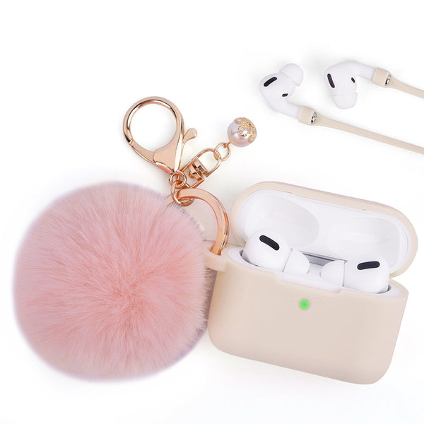 Apple Airpods Pro Case Rugged Drop-proof Thick Silicone TPU with Furball Ornament Key Chain & Strap - Sand
