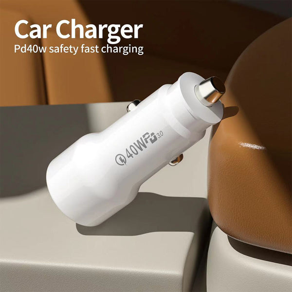 Universal 40W (20W+20W) Pd Dual USB Type-C Car Charger with Power Delivery Cigarette Lighter Adaper - White