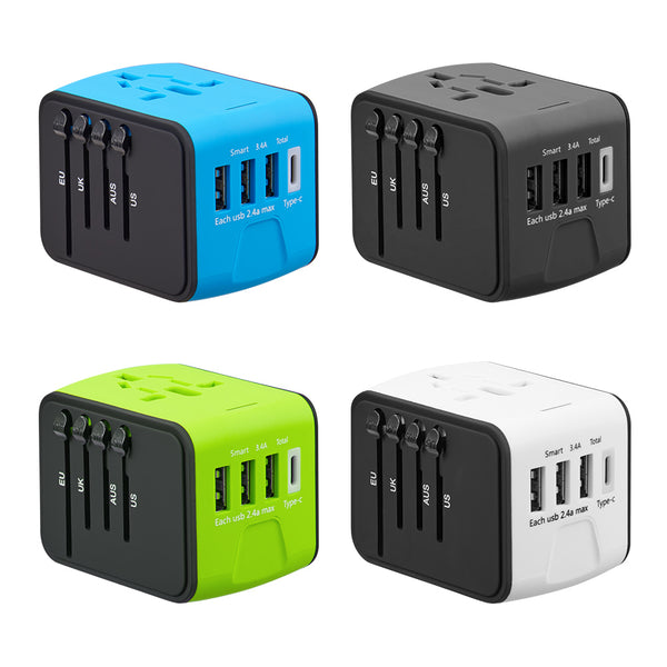 Universal Travel Adpater Worldwide All In One Ac Outlet Powerplug Adapter with 3 USB + 1 Type-C Charging Port for USA UK AUS Asia & EU 200 Countries - Black