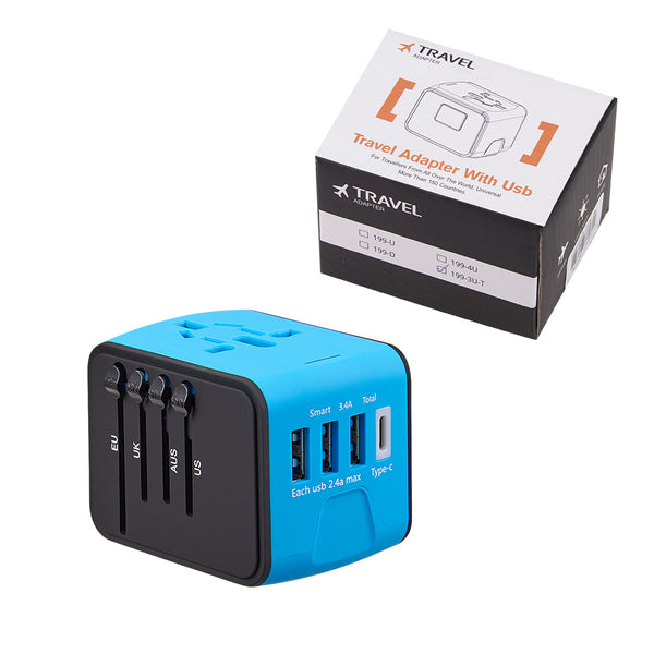 Universal Travel Adapter Worldwide All In One Ac Outlet Powerplug with 3 USB + 1 Type-C Charging Port for USA Uk Aus Asia & EU 150 Countries - Black