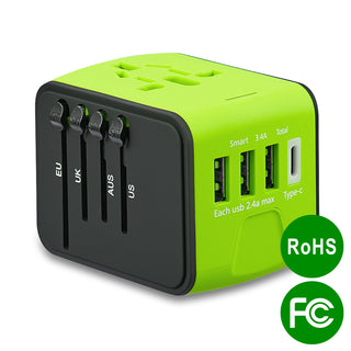 Universal Travel Adpater Worldwide All In One Ac Outlet Powerplug Adapter with 3 USB + 1 Type-C Charging Port for USA UK AUS Asia & EU 200 Countries - Green