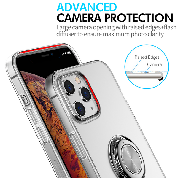Apple iPhone 12, iPhone 12 Pro Case Rugged Drop-Proof Invisible Ring Holder with Thick TPU Protection - Clear