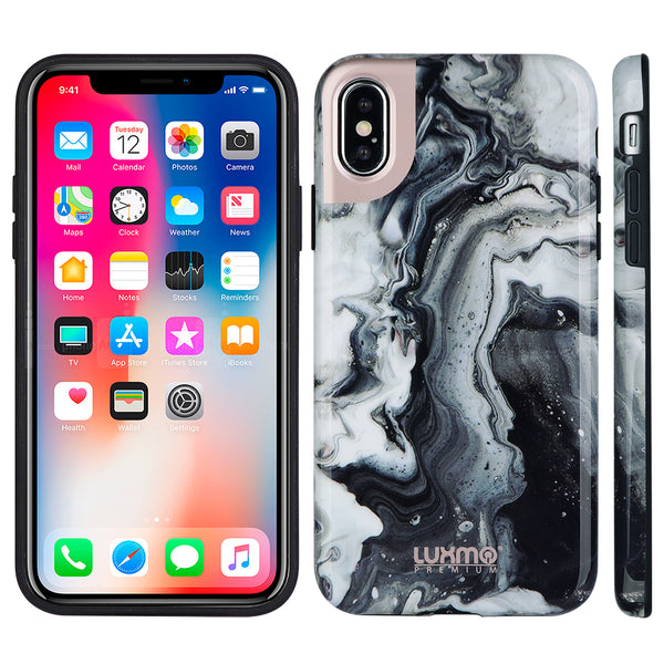 Case for Apple iPhone XS Max Luxmo Premium Marblicious Collection Marble Shine Design UV Coated TPU - Black Swirl Marble