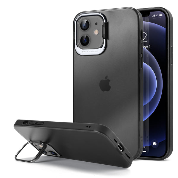 Apple iPhone 12 Mini Case Rugged Drop-proof Crystal Frosted Transparent with Extra Frame Raised Camera Protection & Kickstand - Frosted Black