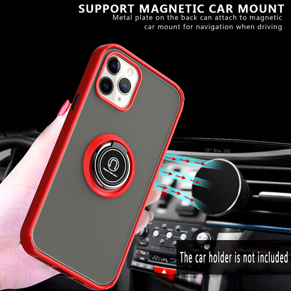Apple iPhone 12 Mini Case Rugged Drop-Proof Frosted with Camera Lens Protector & Ring Holder Stand Kickstand - Red with Black Buttons