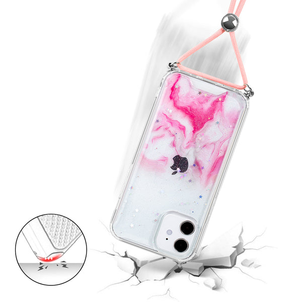 Apple iPhone 12 Mini Case Rugged Drop-Proof Acrylic + TPU 3D Crystal Lacquer with Lanyard - Flamingo Red Swirl