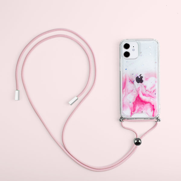 Apple iPhone 12 Mini Case Rugged Drop-Proof Acrylic + TPU 3D Crystal Lacquer with Lanyard - Flamingo Red Swirl