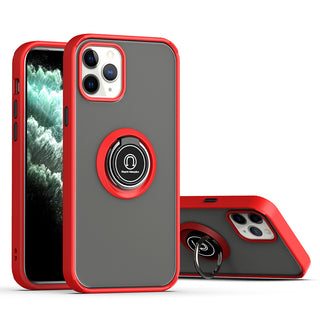 Apple iPhone 12 Pro Max Case Rugged Drop-proof Frosted with Camera Lens Protector & Ring Holder Stand Kickstand - Red with Black Buttons