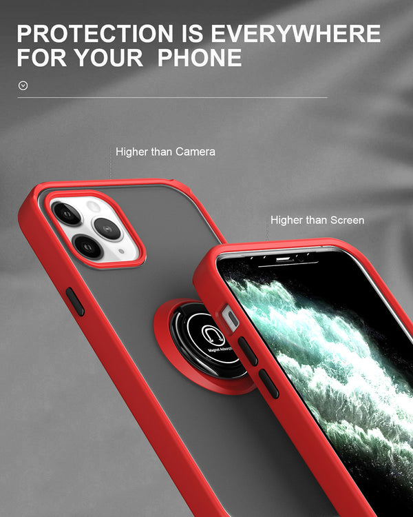 Apple iPhone 12 Pro Max Case Rugged Drop-Proof Frosted with Camera Lens Protector & Ring Holder Stand Kickstand - Red with Black Buttons