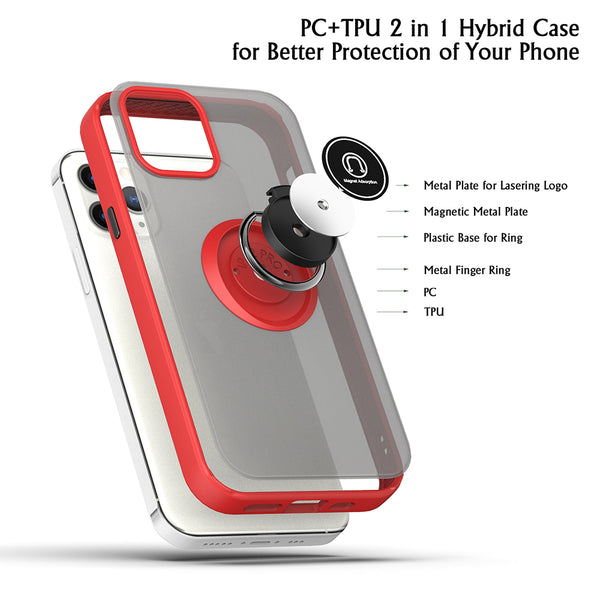 Apple iPhone 13 Case Rugged Drop-Proof Frosted with Camera Lens Protector & Ring Holder Stand Kickstand - Red with Black Buttons