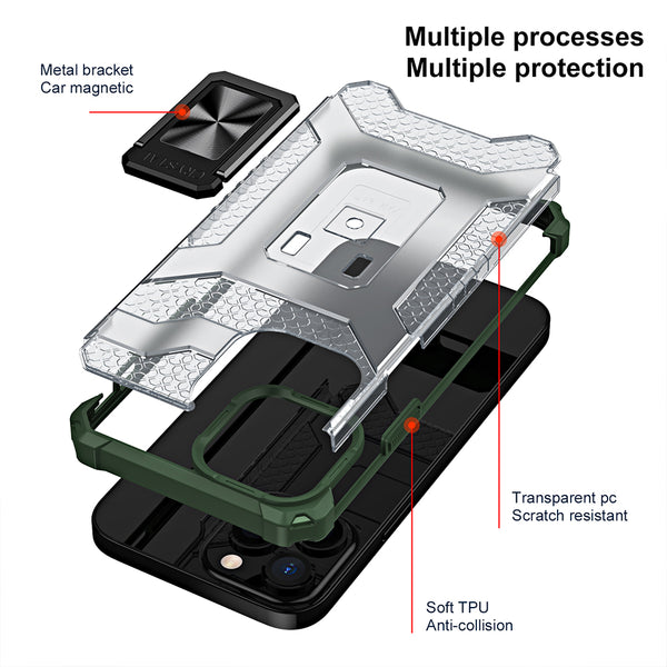 Apple iPhone 13 Pro Case Rugged Drop-Proof Clear with Corners & Camera Cutout Protection & Magnectic Kickstand - Army Green