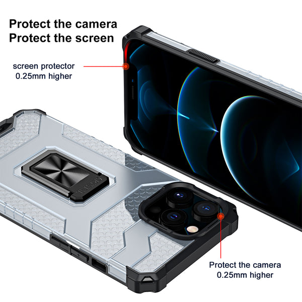Apple iPhone 13 Pro Case Rugged Drop-Proof Clear with Corners & Camera Cutout Protection & Magnectic Kickstand - Black