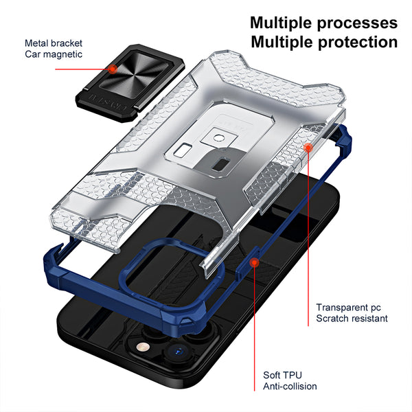Apple iPhone 13 Pro Case Rugged Drop-Proof Clear with Corners & Camera Cutout Protection & Magnectic Kickstand - Blue