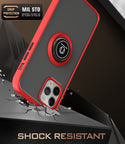 Apple iPhone 13 Pro Case Rugged Drop-Proof Frosted with Camera Lens Protector & Ring Holder Stand Kickstand - Red with Black Buttons