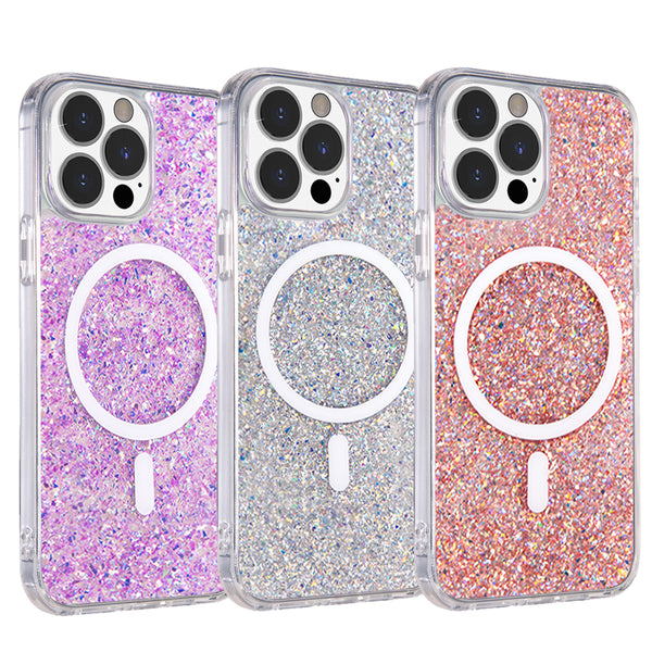 Apple iPhone 14 Pro Max Case Rugged Drop-Proof UV Coated Full Glitter MagSafe Compatible - Pink