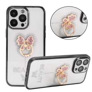 Case for Apple iPhone 14 Pro Max (6.7") with Bling Raised Full Camera Protection and Butterfly Ring Stand - Black