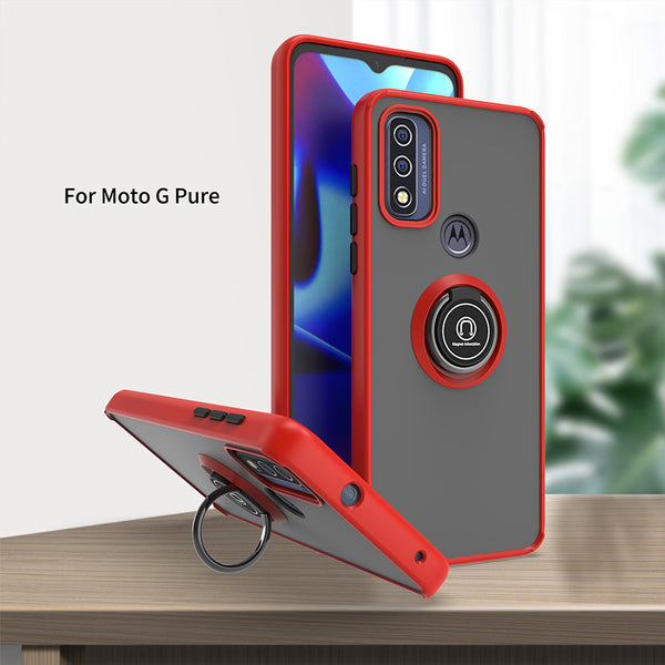 Motorola Moto G Power (2022), Moto G Pure Case Rugged Drop-Proof Frosted with Camera Lens Protector & Ring Holder Stand Kickstand - Red with Black Buttons