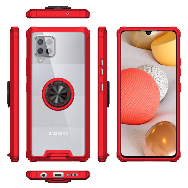 Samsung Galaxy A42 5G Case Rugged Drop-Proof Defender Ultra Acrylic Bumper with Magnetic Ring Holder Stand Kickstand & Corners - Red