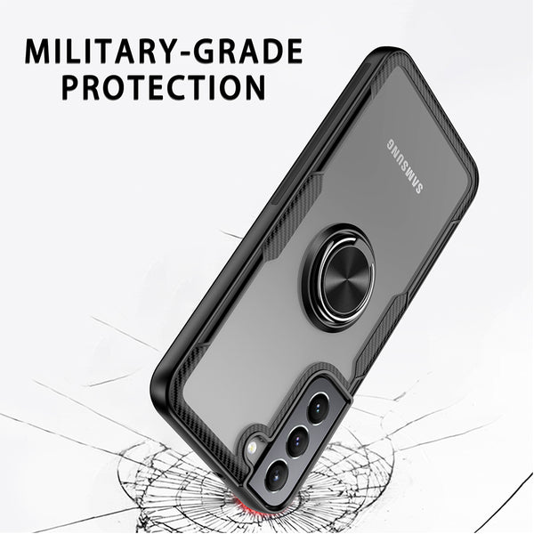 Samsung Galaxy S22 Case Case Rugged Drop-Proof Carbon Fiber Ring Holder Stand Kickstand - Black