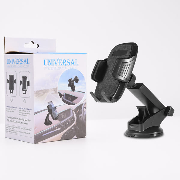 Universal Dashboard and Windshield Car Phone Mount Holder with Durable Extension Arm 360 Degree Adjustable Viewing Angle and Lock & Relase Button & Cushioned Cradle - Black