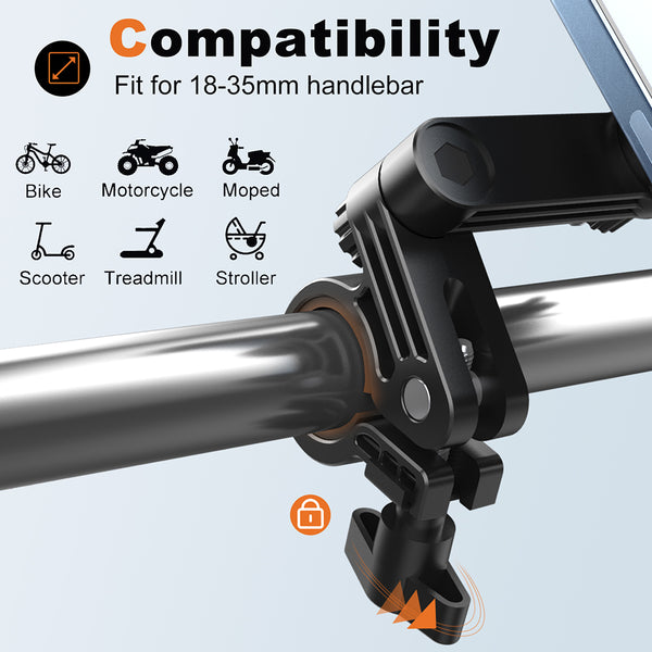 Universal Premium Quality Bicycle Motorcycle Bike Phone Mount Holder with Ultra Sturdy Grip for Curved Devices Including Apple iPhone Devices - Black