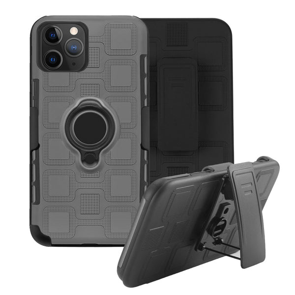 Apple iPhone 11 Pro Max Case Rugged Drop-Proof Cube Belt Clip Holster Combo with Magnetic Rotatable Ring Holder Stand Kickstand - Metallic Grey