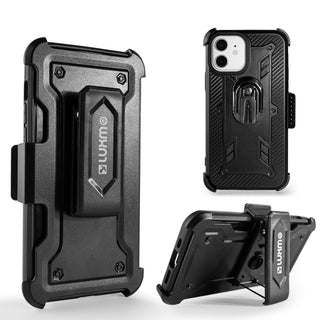 Case for Apple iPhone 12 / 12 Pro (6.1) Luxmo 3-In-1 Carbon Fiber Holster Combo with Air Vent Holder Ring Stand and Belt Clip - Black