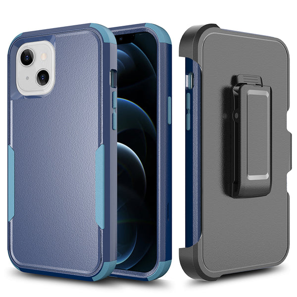 Apple iPhone 13 Case Rugged Drop-Proof Heavy Duty TPU with Extra Impact Absorption Corner Protection & Rotatable Holster Clip - Navy Blue / Blue