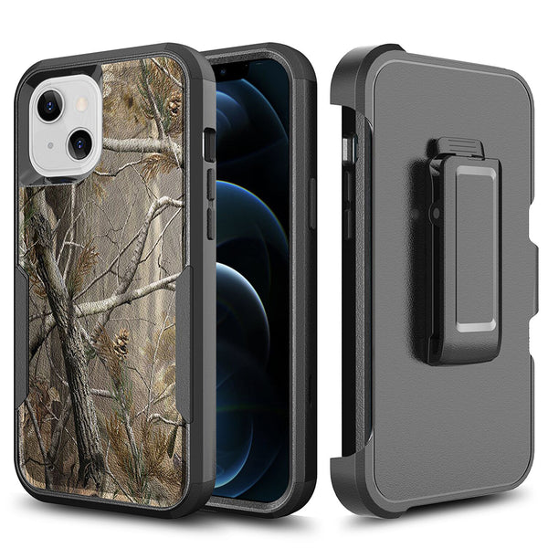 Apple iPhone 13 Case Rugged Drop-Proof Heavy Duty TPU with Extra Impact Absorption Corner Protection & Rotatable Holster Clip - Outdoor Nature Tree