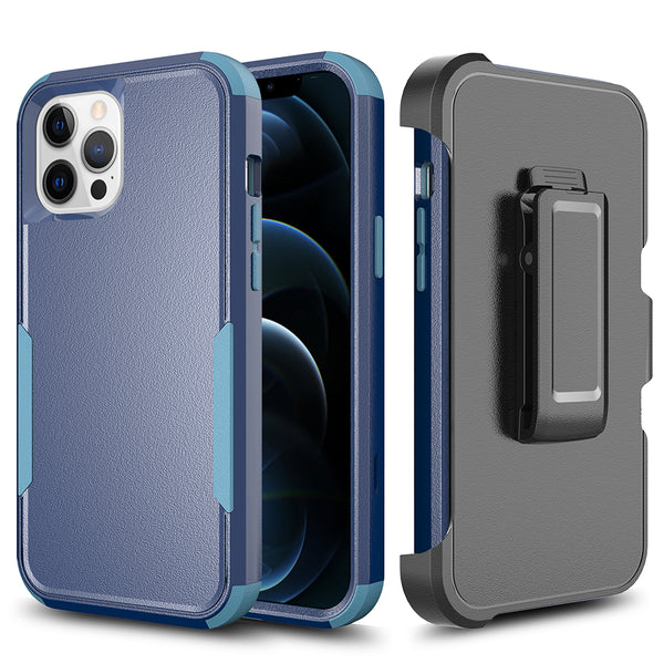 Apple iPhone 13 Pro Case Rugged Drop-Proof Heavy Duty TPU with Extra Impact Absorption Corner Protection & Rotatable Holster Clip - Navy Blue / Blue